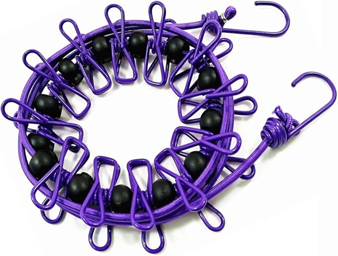 Adjustable Elastic Clothesline with Clips and Positioning Balls Portable Retractable Windproof Laundry Hanging Rope for Travel Camping Indoor Use Anti-Skid Washing Line with Drawstring Bag Purple