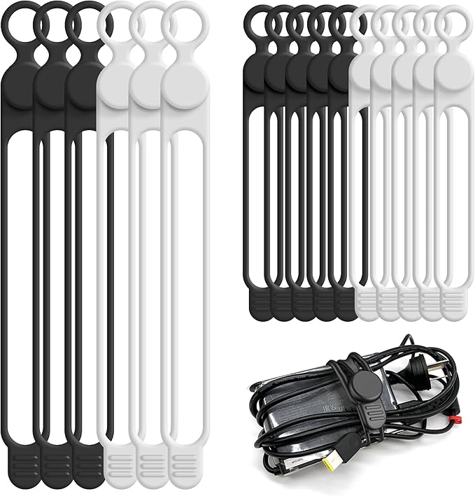 Silicone Cable Ties Cord Organizer Cable Management, 16Pcs 4.2" and 7.1" Reusable Cable Organizer Electronic Accessories for Home, Office, Kitchen, School, Travel(Black&White)