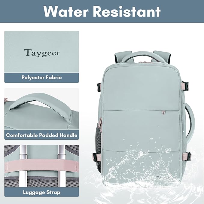 Taygeer Personal Item Backpack for Men Women, Travel Backpack Carry on Luggage Flight Approved with Water Bottle Pocket & Shoe Pouch, Large Weekender Work Bag for Hiking Gift, Gray Powder