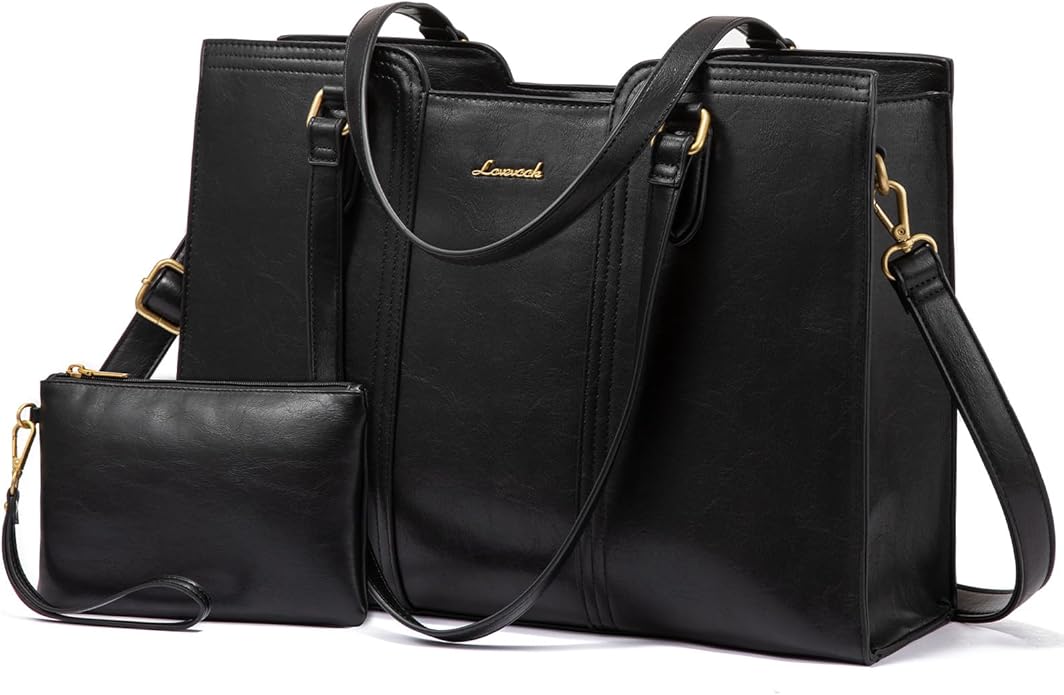 LOVEVOOK 17 Inch Laptop Bag for Women - Stylish Laptop Tote Bag with Wristlet & Vintage Work Bags for Women, Durable and Spacious Design, Black