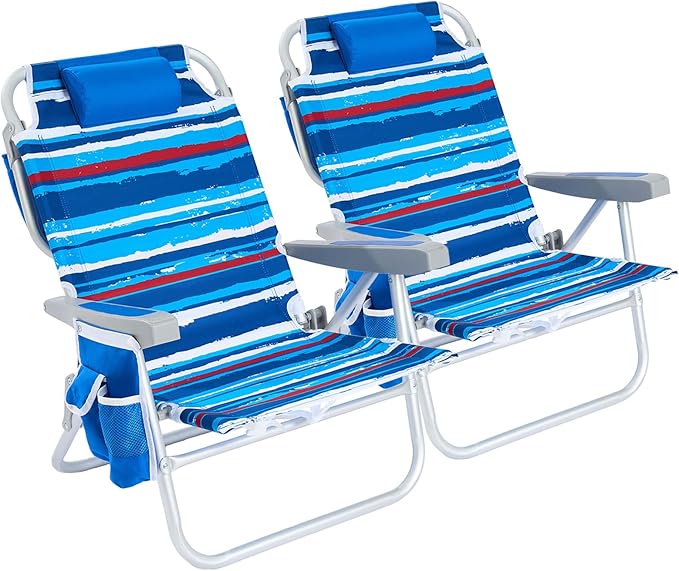SUNNYFEEL Low Beach Chair 2 Pack, 5-Position Lay Flat Reclining, Backpack Portable Folding Chairs with Cooler Bag & Cup Holder, Heavy Duty 350 LBS, Compact for Beach, Camping, Travel