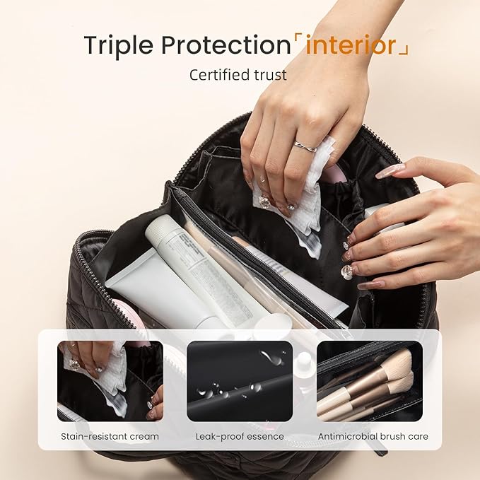 LOVEVOOK Travel Makeup Bag for Women, 2Pcs Puffer Waterproof Cosmetic Organizer, Large Capacity Pouch Open Flat Small Toiletry Bag with Brush Compartment & Handle (Black, Large)