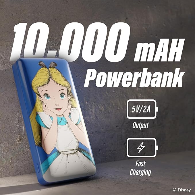 Disney Alice in Wonderland 10,000Mah Power Bank- Universally Compatible Portable Phone Charger Battery Pack w/USB Charging Port - Alice Gifts for Women, Men, Teens and Kids