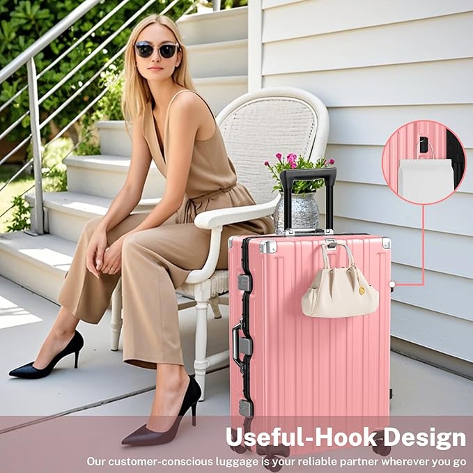Krute Aluminum Frame Luggage 28 Inch Checked Suitcase with Spinner Wheels TSA Approved No Zipper Hard Shell Luggage PC+ABS Travel Suitcase Pink