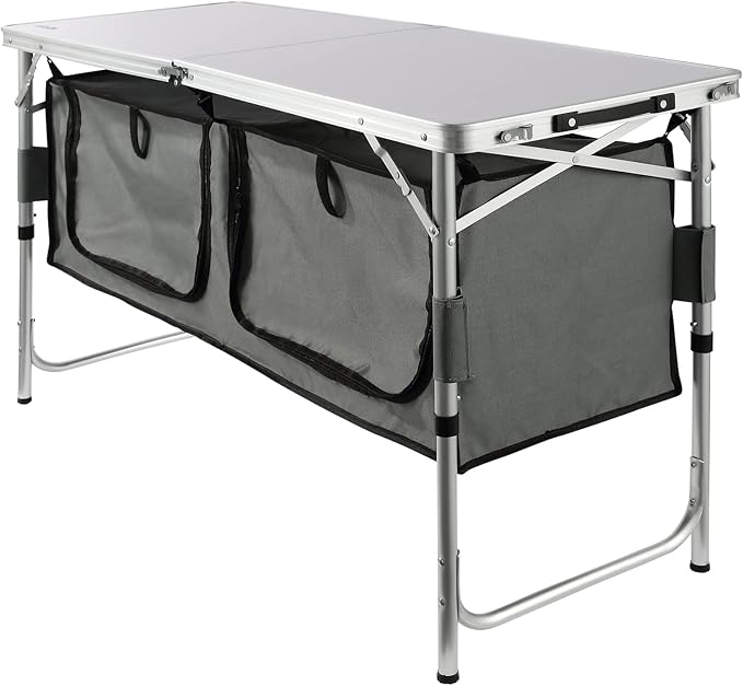 VEVOR Camping Kitchen Station, 3 Adjustable Height Folding Outdoor Camp Cooking Table with Storage Organizer, Quick Set-up for Patio BBQ Picnic Glamping Traveling