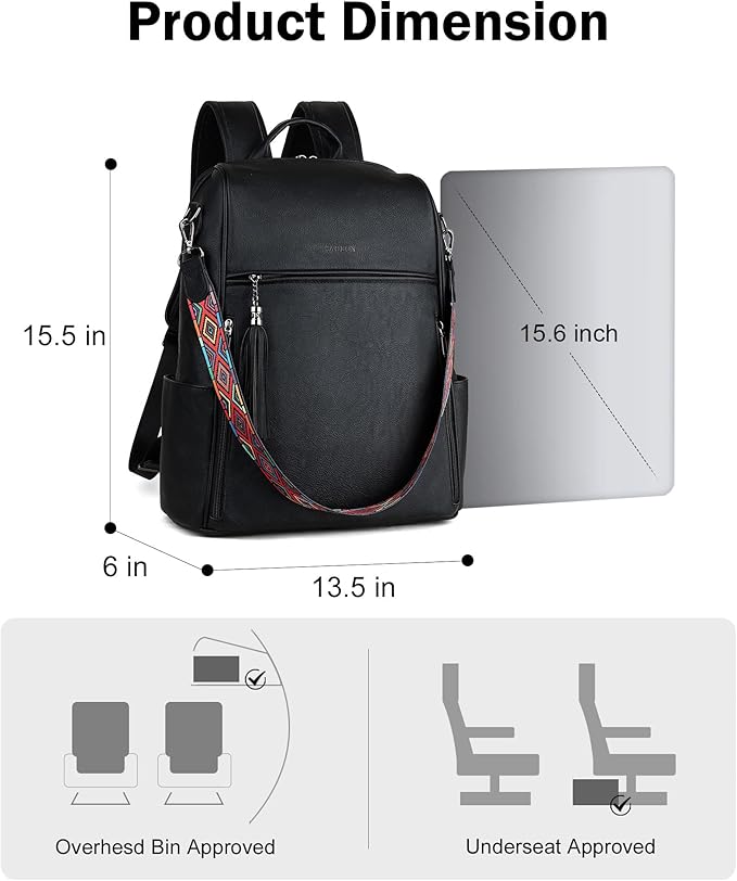 FADEON Leather Laptop Backpack for Women Designer 15.6 inch PU Laptop Bag, Ladies Travel Computer Work Backpack Black