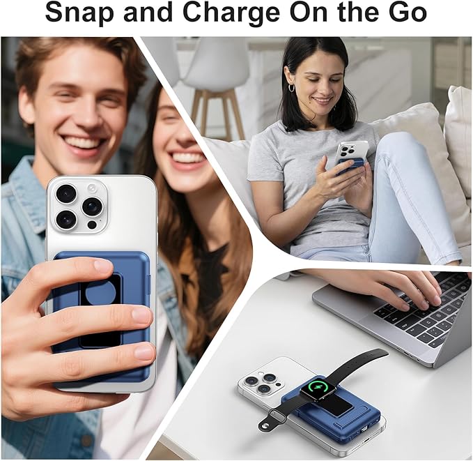 for Magsafe Battery Pack, 10000mAh Power Bank for iPhone with Built-in Cables, 20W Fast Charging Magnetic Wireless Portable Charger with Stand for iPhone 17/16/15/14/13/12/Apple Watch Series