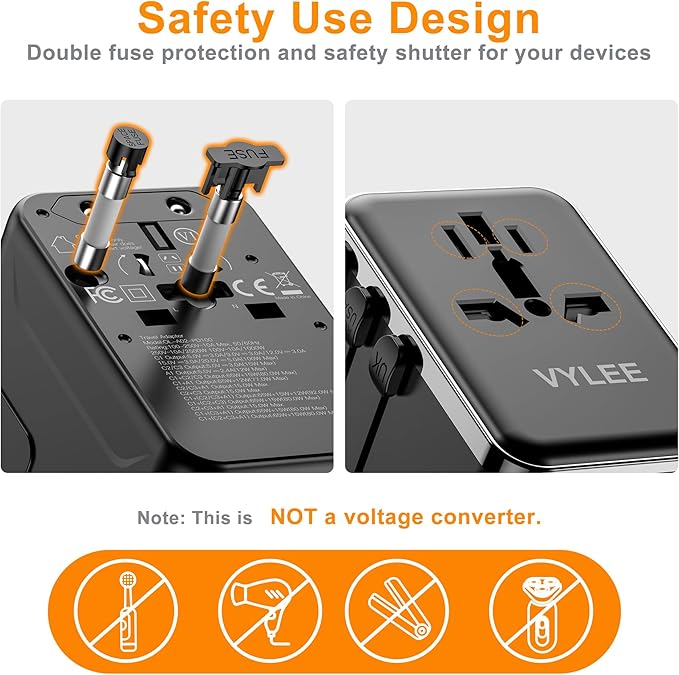 VYLEE Universal Travel Adapter, PD100W GaN International Power Adapter with 3 USB C and 1 USB A Charging Ports, All in One Power Outlet, Worldwide Plug Adapter for US to European UK AUS Ireland(Black)