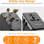 VYLEE Universal Travel Adapter, PD100W GaN International Power Adapter with 3 USB C and 1 USB A Charging Ports, All in One Power Outlet, Worldwide Plug Adapter for US to European UK AUS Ireland(Black)