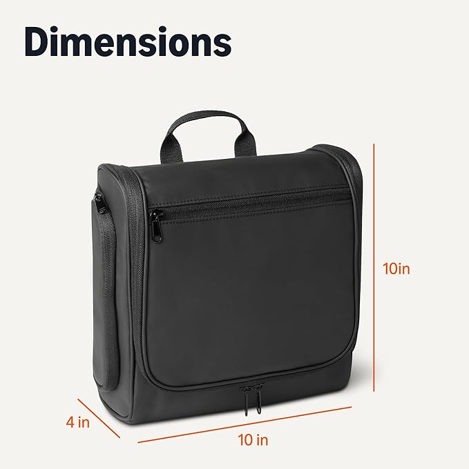 Amazon Essentials Waterproof Travel Toiletry Bag for Men and Women, Hanging Dopp Kit with Multiple Interior Pockets, 2 Side Pockets, Black, 10" x 4" x 10"