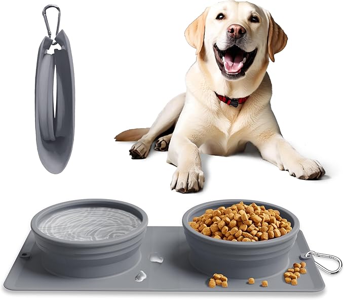 Collapsible Portable 2-in-1 Dog Bowl, Travel Dog Bowl Integrated, Silicone Foldable Expandable Food Water Bowl with Carabiner - Anti-Spill and Anti-Skid - for Camping/Traveling LPFLASAT (Grey)