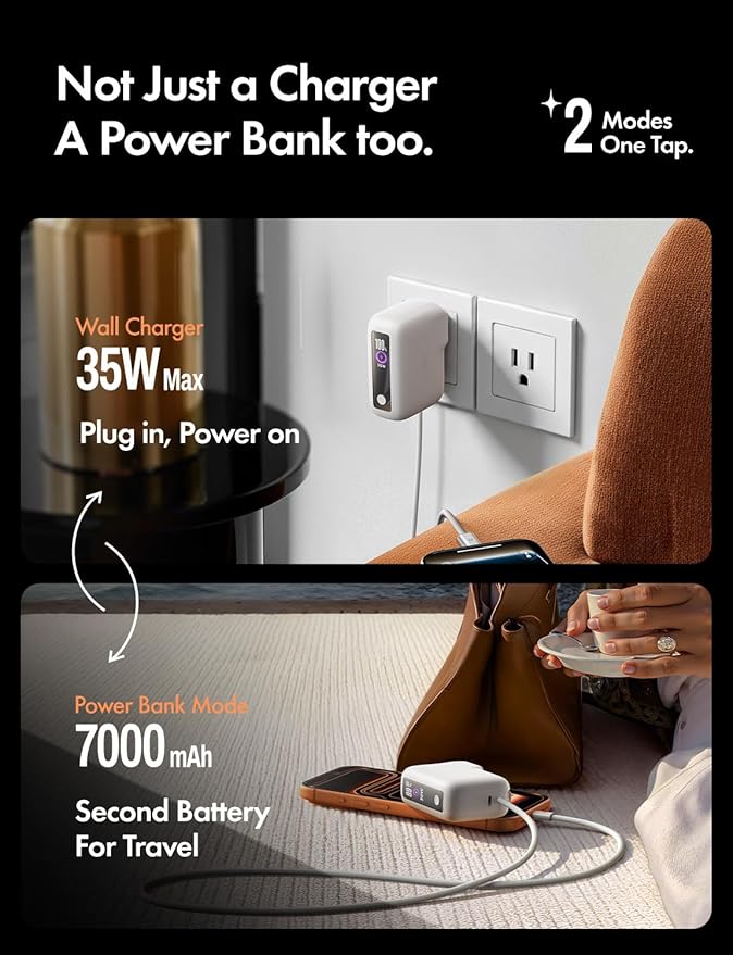 LISEN [Practical＆Lazy Design 3 in 1 Travel Essentials Power Bank，7000mAh 35W Fast Charging with Wall Plug and Build-in Cable for iPhone 17 16 15 Pro Max Plus,Samsung Galaxy,iPad,Android，Mint Green