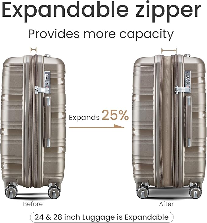 4 Piece Luggage Set, Hardside Expandable Lightweight Suitcase with 360° Mute Spinner Wheels Luggage Sets, TSA Lock, 14/20/24/28 Inch Travel Luggage for Men, Women and Girls (Champagne 3)
