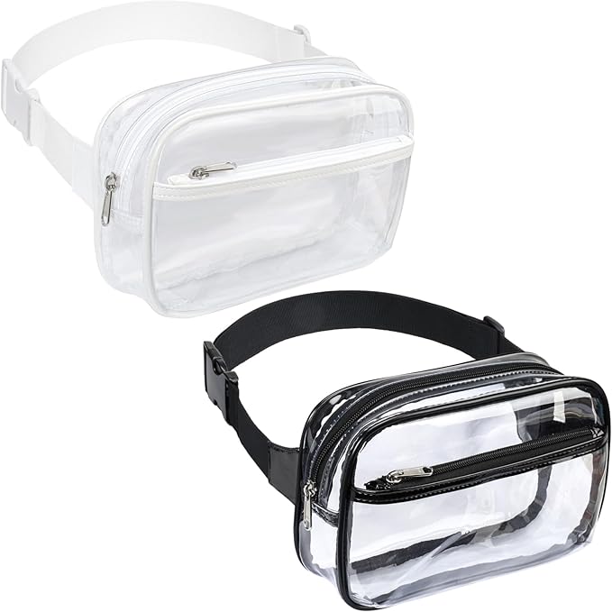 Packism Clear Fanny Pack Stadium Approved - 2-Pack Plus Size 35-51 inches Adjustable Strap Clear Belt Bag for Women Men Transparent Waist Bag for Concerts, Sporting Events, 1 Black & 1 White