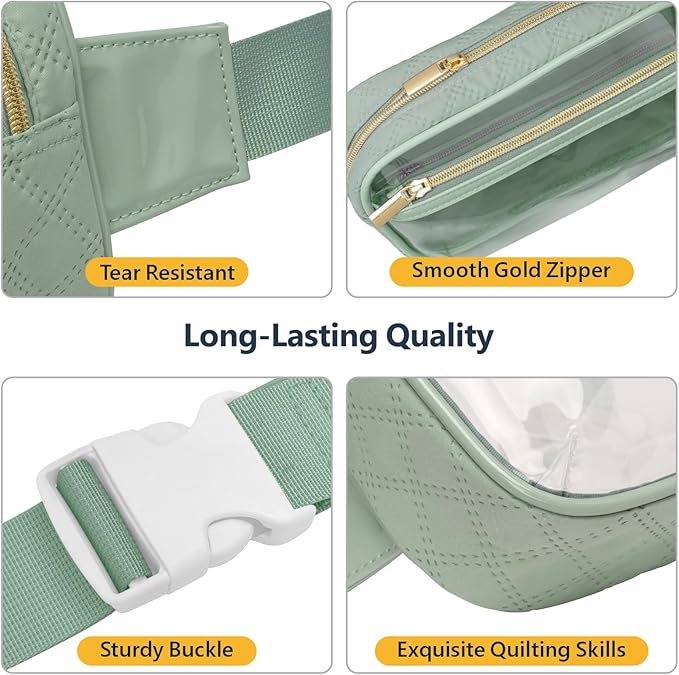 Packism Clear Fanny Pack for Women Stadium Approved - Quilted Clear Belt Bag, Adjustable Strap Fits 35-51 Inches, Transparent Waist Bag for Sports Concerts Festivals, Soft Green