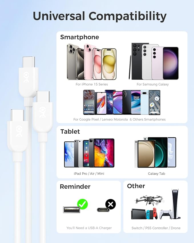 Cable Matters 3-Pack Long USB A to USB C Cable 10ft in White, Support Apple CarPlay, Android Auto, USBA to USBC Charging Cable for iPhone 16/15 Pro Max Plus, Galaxy S23