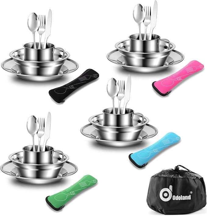 Odoland 29pcs Stainless Steel Utensils Camping Mess Kits with Bowls Plates Cups Forks Spoons and Knives for 4, Camping Cutlery Set for Backpacking, Outdoor Hiking and Picnic