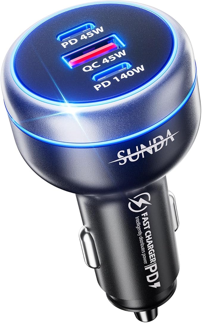 SUNDA 230W USB C Fast Car Charger, 3-Ports Mutiple Car Charger Adapter, Fast Charging PD140W/PPS63W/QC45W Compatible with iPhone17/16/15/MacBook/iPad/Laptop/SamsungS25, Cigarette Lighter USB Charger