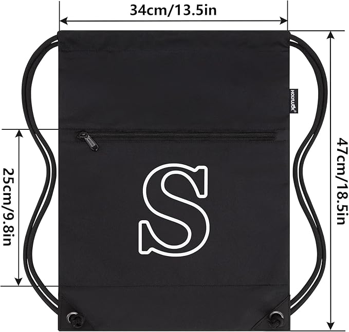 HOLYLUCK Drawstring Bags Initial Backpack Sackpack Cinch Bags for Sports, Gym, Travel, Beach (Black-S)
