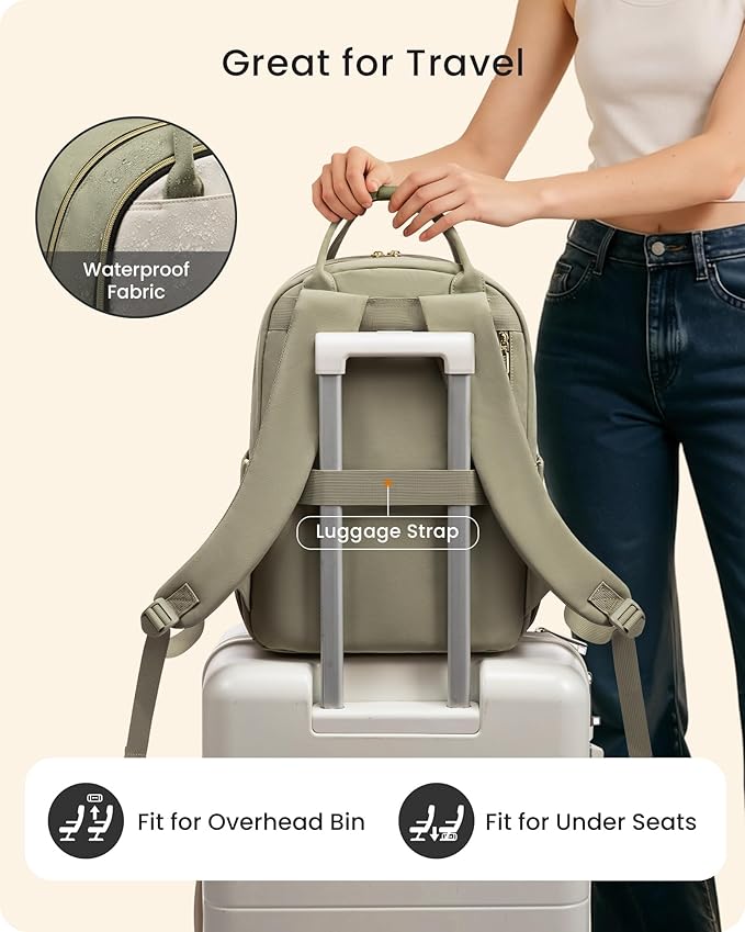 LOVEVOOK Laptop Backpack for Women with Giant Tumbler Holder Pocket, 15.6 inch Travel Work Backpack Purse for Teacher Nurse, Waterproof College Book Bag Cute Casual Daypack, Beige-Nude