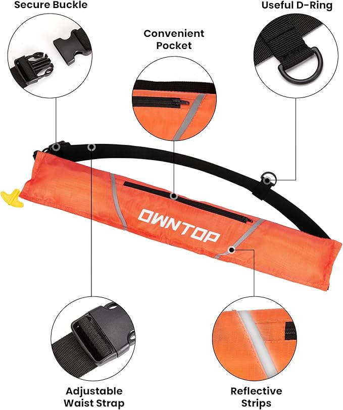 Owntop Manual Inflatable Belt Pack, Adults Swim Jacket with Blowpipe & Whistle, 24g CO2 Cylinder Included, Low Profile for Kayaking, Fishing, Paddle Sports