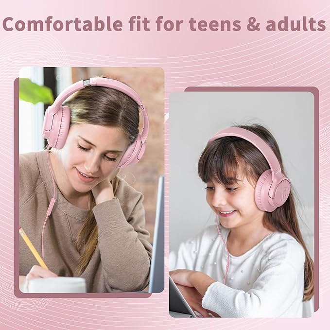 Botesty Sound Wired Headphones with Microphone, Over Ear 3.5mm Plug in Headphones with 4.9ft Tangle-Free Nylon Cord for Tablet, Laptop, MP3/4, School, Airplane Travel (Pink)