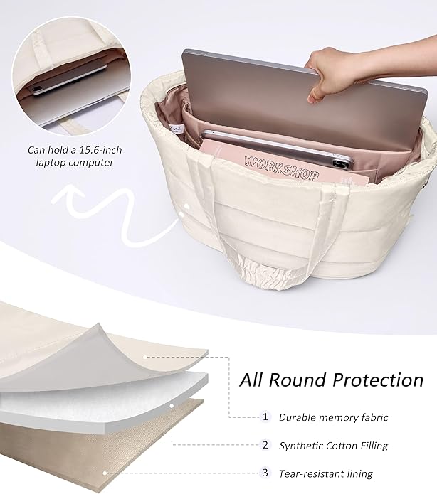 Puffer Tote Bag for Women, Lightweight Puffy Tote with Compartments, Shoulder Bag Crossbody Bags for Women Travel, Work, Gym