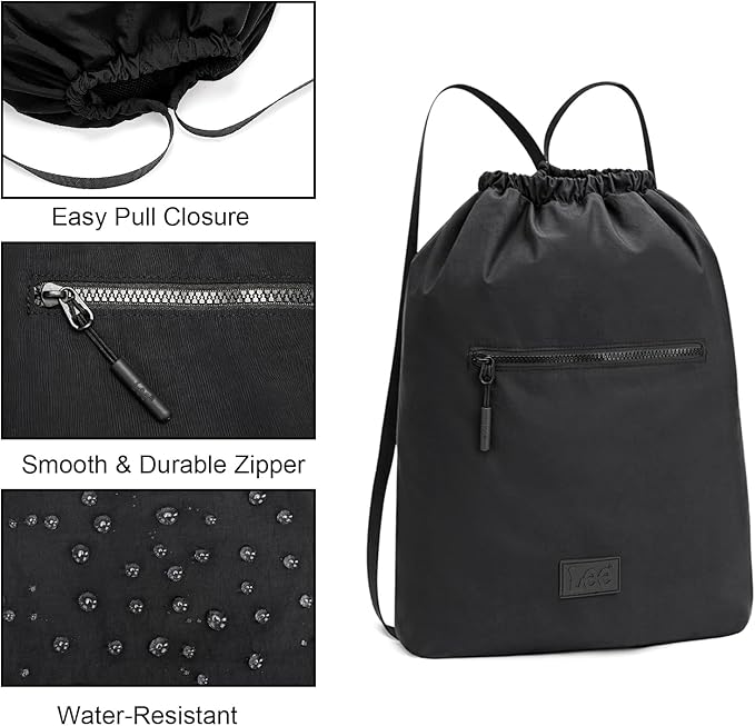 Lee Drawstring Backpack Bag Lightweight Small Gym Swim Beach Bag Water Resistant Sports Sackpack for Men Women, LEE48-002BK