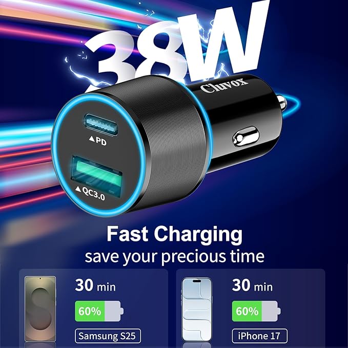 38W USB C Car Charger Adapter, 20W Fast USBC & 18W Rapid QC3.0 Ports, 12V Cigarette Lighter Adapter, Type C Auto Plug Outlet Accessories for iPhone 17 16 15 14, Google Samsung S26, Android Cell Phone