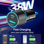 38W USB C Car Charger Adapter, 20W Fast USBC & 18W Rapid QC3.0 Ports, 12V Cigarette Lighter Adapter, Type C Auto Plug Outlet Accessories for iPhone 17 16 15 14, Google Samsung S26, Android Cell Phone