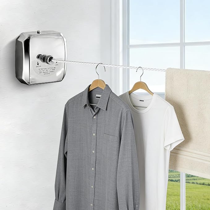 304 Stainless Steel Retractable Clothesline with Adjustable Rope String for Hanging Drying Shower Room(Sliver Square)