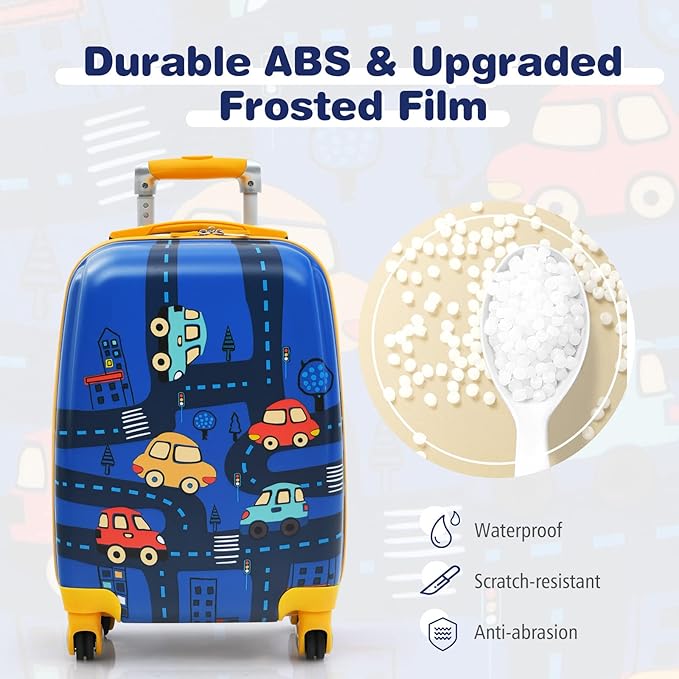 BABY JOY 2 PC Kids Carry On Luggage Set, 12” Backpack & 18” Toddler Suitcase, Hard Shell Travelling Case & Backpack w/ 4 Rotating Casters, Cute Rolling Trolley Case for Boys & Girls (Car)