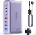 8-Port Type C Fast Charger Block 200W with Flat Plug, Braided Power Cord, and On/Off Switch- USB Charging Hub for iPhone, iPad, MacBook and More- 65W C Port Power Adapter for Laptops
