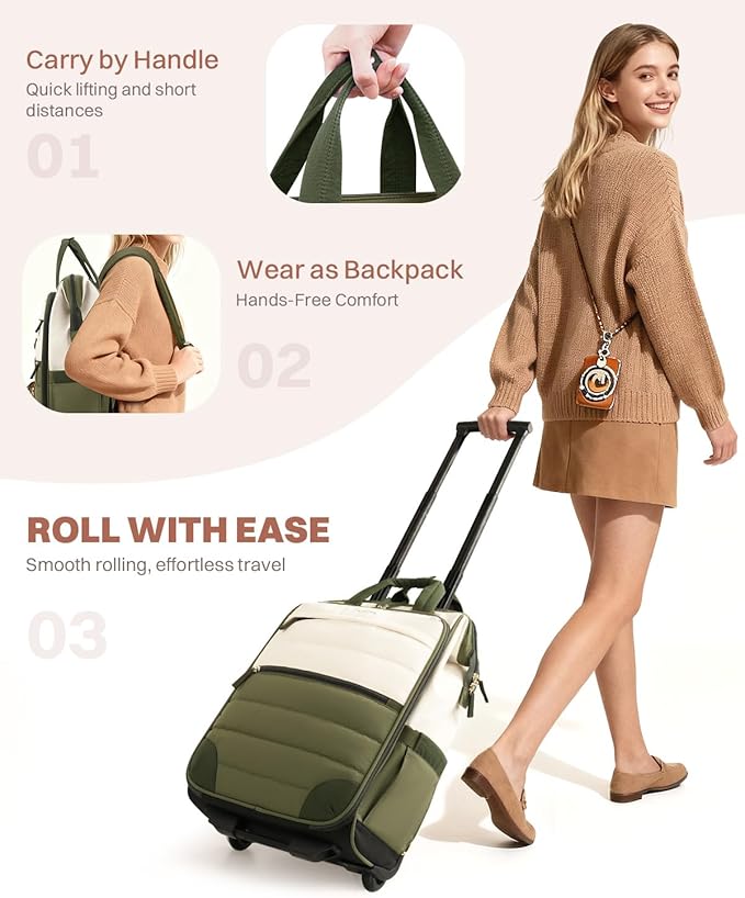 Rolling Puffer Backpack for Women, Travel Backpack with Wheels, 16 Inch Wheeled Laptop Backpack, Dual-Opening Design Overnight College Underseat Carry on Luggage, Roller Business Work Bag, Green