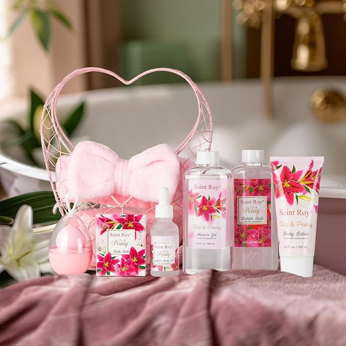 Mothers Day Gifts for Mom Gifts Basket Christmas Gifts for Women Spa Set Lily & Peony Home Spa Set, Beauty Personal Care Set Jojoba Oil, Spa Self Care Kit, Bath Body For Thank You, Birthday