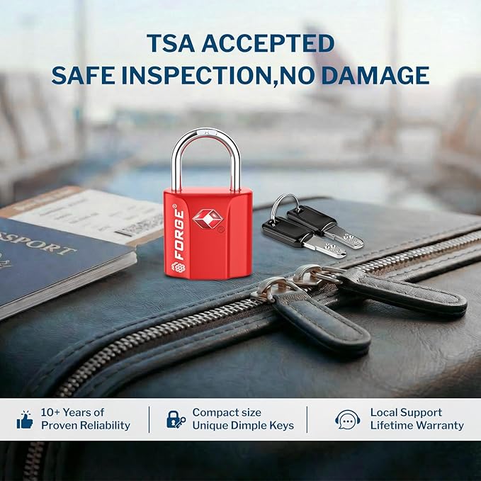 Forge 1''x1'' TSA Approved Luggage Locks: Ultra Secure dimple Key Travel Locks with zinc Alloy Body, for Luggage, Travel Cases, Backpacks, Red 2PK.