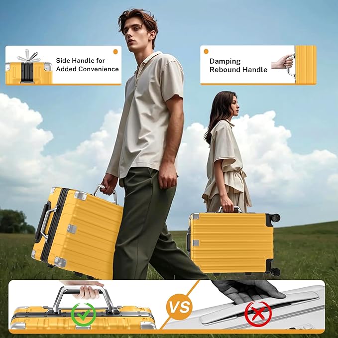 Krute Aluminum Frame Luggage 28 Inch Checked Suitcase with Spinner Wheels TSA Approved No Zipper Hard Shell Luggage PC+ABS Travel Suitcase Yellow