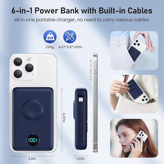 Magnetic Portable Charger for MagSafe with Built-in Cable,iWatch Charger,10800mAh Wireless Power Bank Travel Essentials,25W PD Fast Charging Battery Pack for iPhone 17/16/15/14/13/12,Apple Watch-Navy