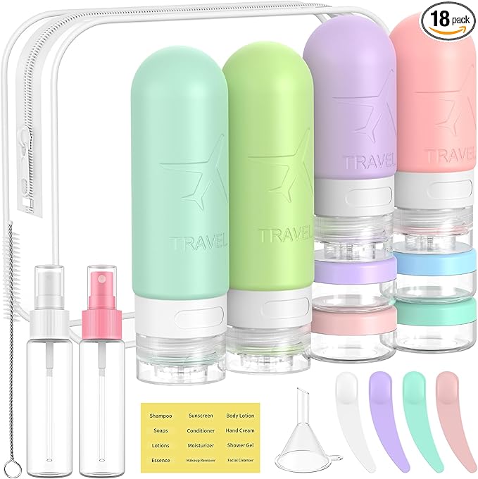 ME.FAN 18 Pack Travel Bottles for Toiletries, TSA Approved Travel Size Containers Set, Silicone Squeezable Portable Split Bottle, Travel Accessories for Conditioner, Shampoo, Lotion - Bright
