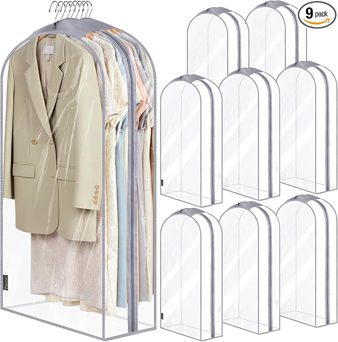 BALEINE 40'' Clear Garment Bags, 10.5'' Wide PEVA Suit Bag for Closet Clothes Dresses Suit Coats Storage (Clear, 9PK)