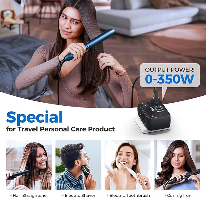 DOACE 350W Voltage Converter US to Europe - 220V to 110V Converter for European Travel, Power Converter Adapter Combo with PD Chargers for Hair Straightener Shaver Toothbrush CPAP Laptop Camera Phone