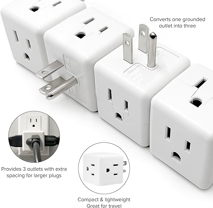 Maxxima 3 Outlet Cube Adapter Wall Plug - Grounded Electrical Wall Tap Outlet Splitter, Multi-Plug Extender for Extra Space, Convenient for Travel - 4 Pack