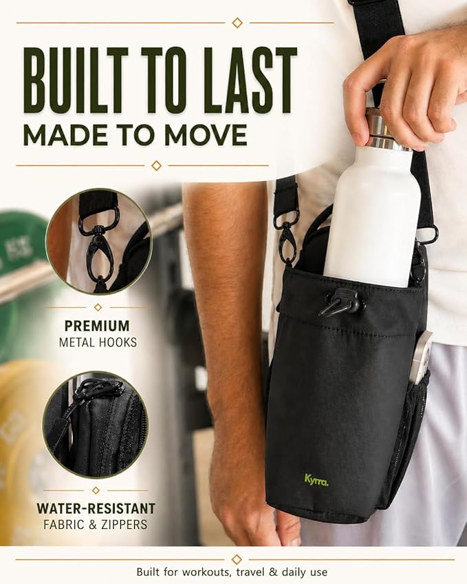 kyrra. Magnetic Gym Bag with Water Bottle Holder Crossbody Bag Strong Magnetic Attachment Fits 40oz Bottles Phone Pocket & Bonus Pouch Gym Accessories for Men and Women