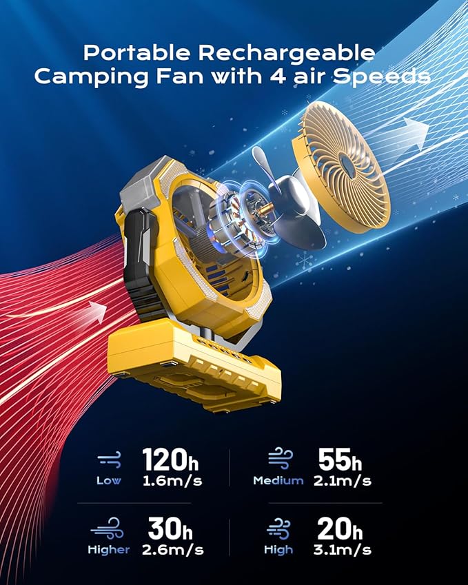 Misting Fan, Portable Camping Fans with 9oz Water Tank, 24000mAh Rechargeable Fan with 4 Speed, Battery Powered Fans with 120H Cooling, Last 5H Mists, 2 Mist Modes, Light, Outside/Summer Essential