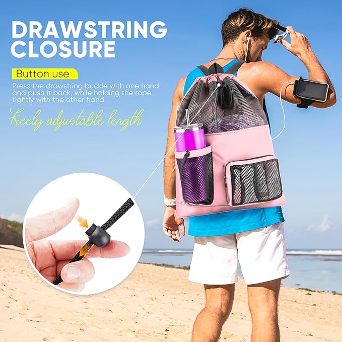 HOHOM Swim Mesh Beach Bag, Waterproof Gym Bags for Women and Men, Large Pool Bag Swimming Gear Drawstring Backpack