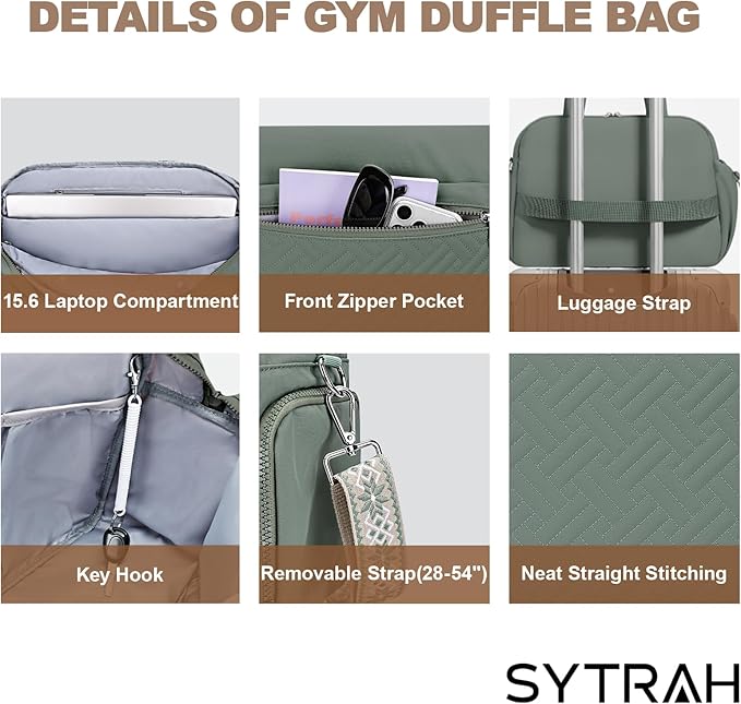 SYTRAH Gym Bag for Women, Lightweight Workout Duffle Bag with Shoe & Wet Separation for Gym, Yoga, Travel & Overnight, Stylish Sports Bag with Adjustable Shoulder Strap Green