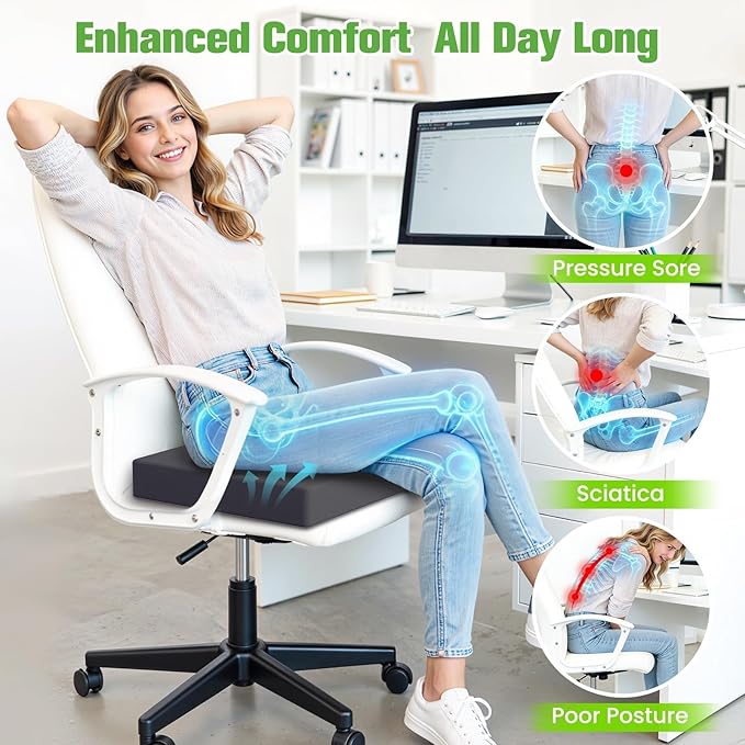 Seat Cushion for Office Chairs, Memory Foam Chair Cushion with Patterned Core for Even Support, Back, Tailbone & Sciatica Relief, Chair Pillow with Carry Handle for Car, Wheelchair (Gray)