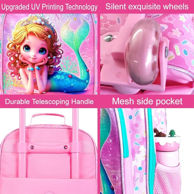 18" Kids Suitcase for Girls, 2Pcs Mermaid Carry on Luggage Set with Wheels, Cute Travel Rolling with 12" Toddler Backpack(Pink)