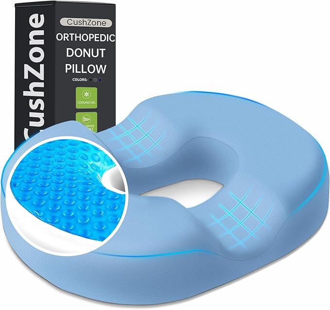 Donut Pillow Seat Cushion - Cooling Gel Donut Chair Cushions, Memory Foam Seat Cushion for Office & Home, Car Seat Cushion and Butt Pillow, Hemorrhoids Pillow and Tailbone Pain Relief, Light Blue