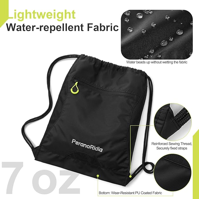 Waterproof Sackpack Drawstring Backpack for Men/Women, Lightweight Sports Bag Holds Shoes for Gym, Beach, Swim, Hiking, Running & Cycling, Anti-Stain with Quick-Access Mesh Pocket, Black